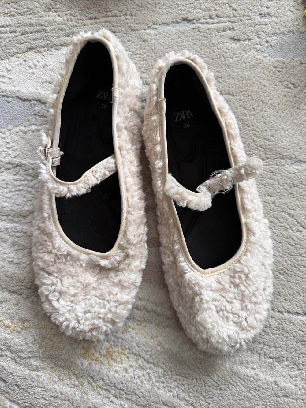 ZARA Cream Faux-Shearling Mary Jane Flats with Strap